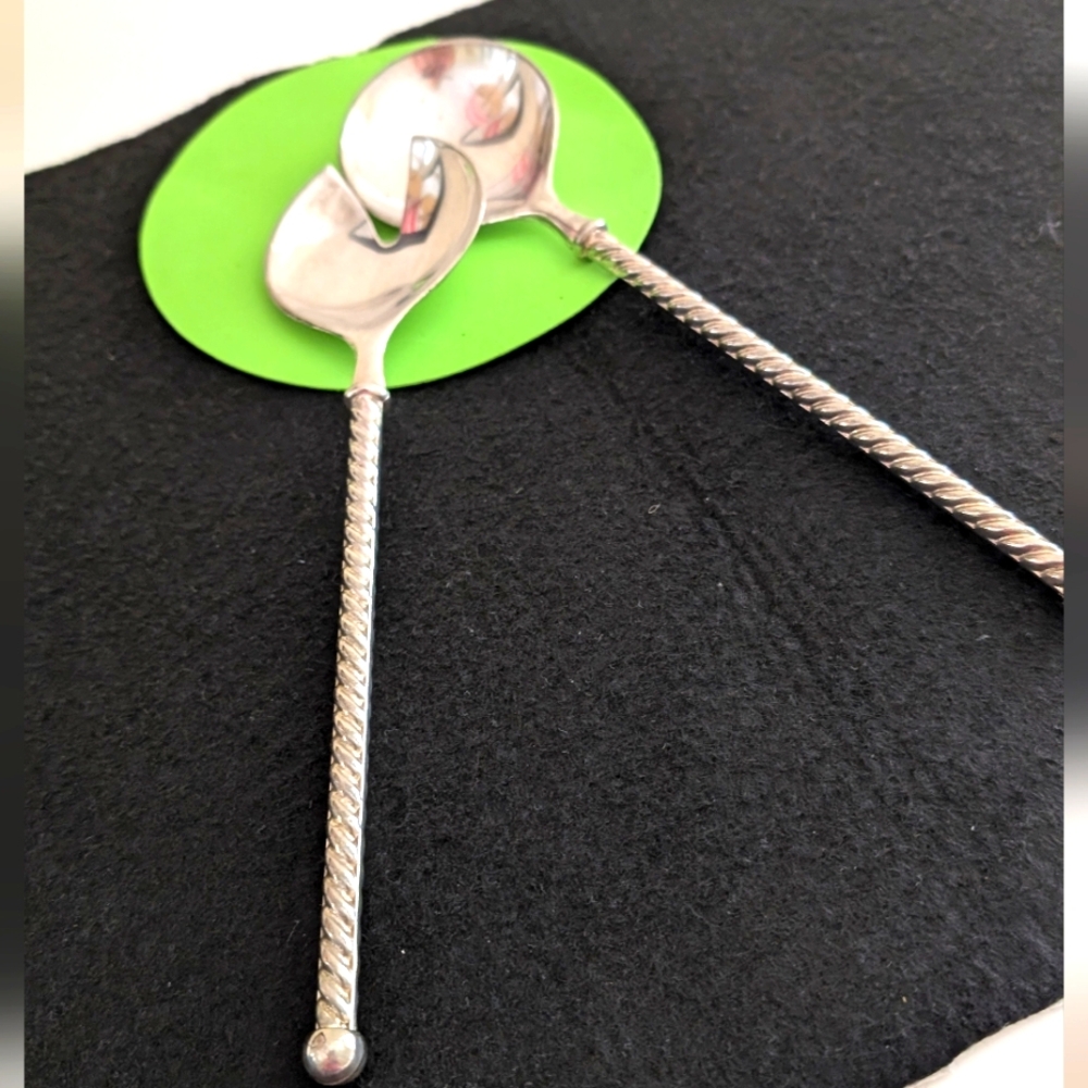 VTG TWO PIECES E.P.ZINC ITALY SALAD SERVING SET WITH TWISTED HANDLES PAUL REVERE - Picture 5 of 8